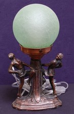 ART DECO ANTIQUE BRASS FIGURAL TABLE LAMP WITH CRACKLE GLAS…